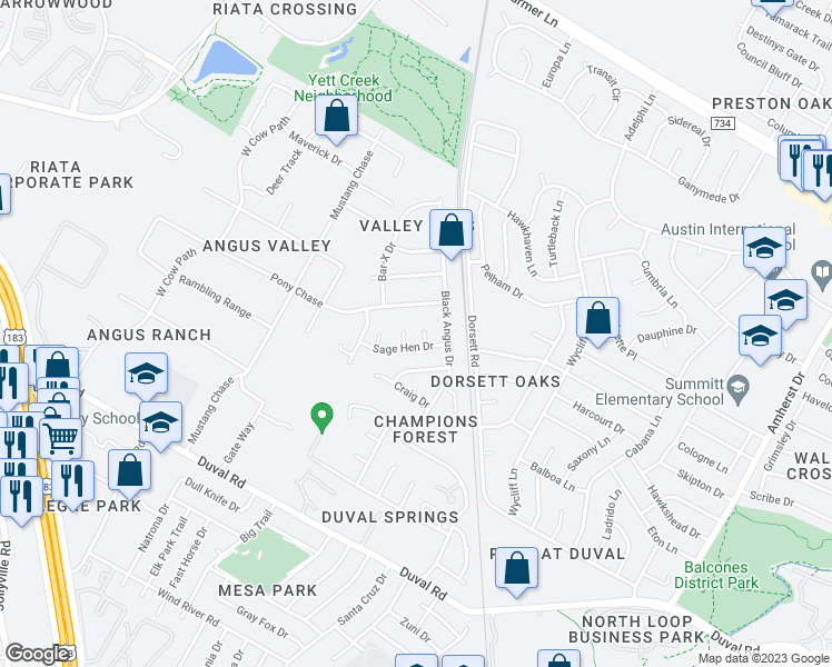 map of restaurants, bars, coffee shops, grocery stores, and more near 12102 Sage Hen Court in Austin