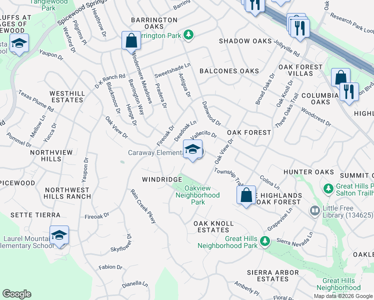 map of restaurants, bars, coffee shops, grocery stores, and more near 7114 Vallecito Drive in Austin