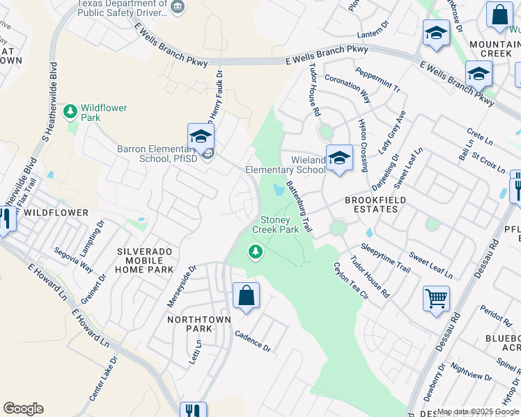 map of restaurants, bars, coffee shops, grocery stores, and more near 14521 Harris Ridge Boulevard in Pflugerville