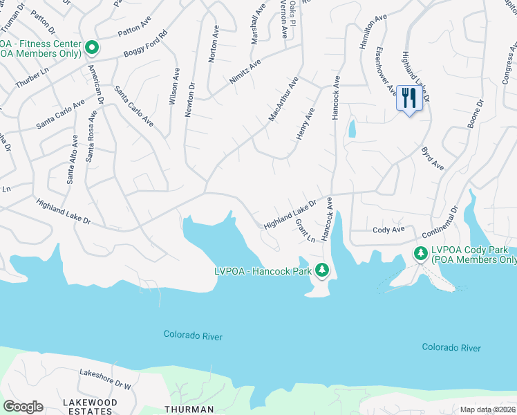 map of restaurants, bars, coffee shops, grocery stores, and more near 20604 Highland Lake Loop in Lago Vista