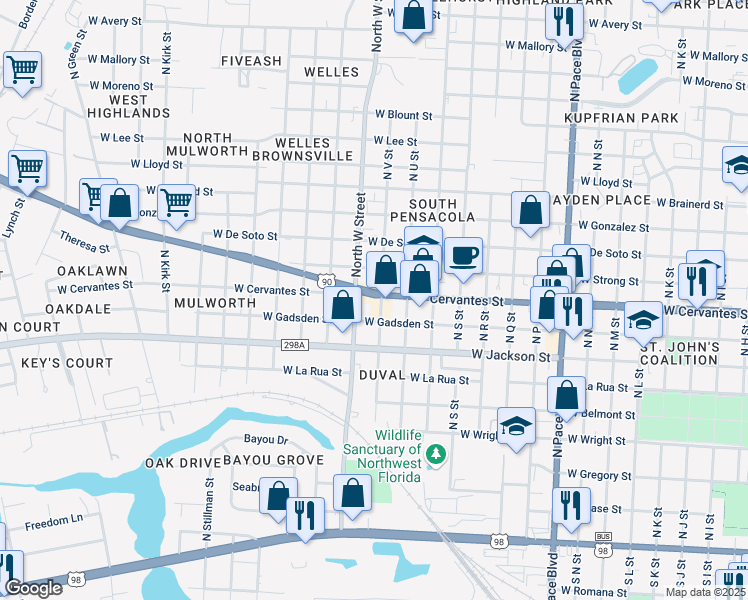 map of restaurants, bars, coffee shops, grocery stores, and more near 2805 West Cervantes Street in Pensacola