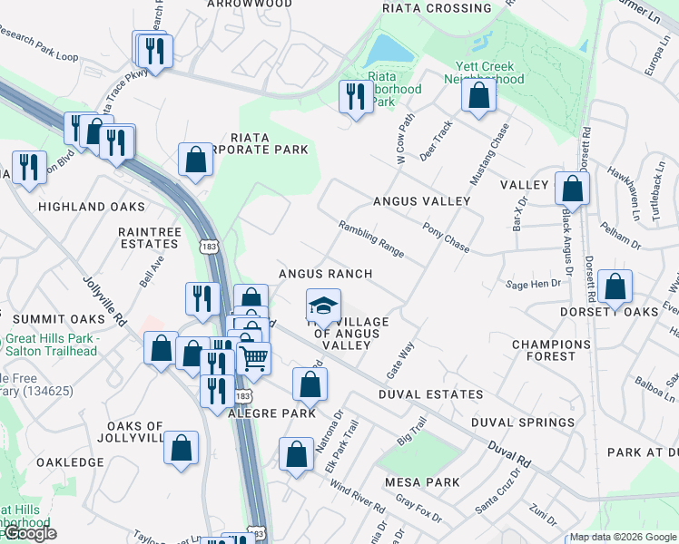 map of restaurants, bars, coffee shops, grocery stores, and more near 5310 Bull Run in Austin
