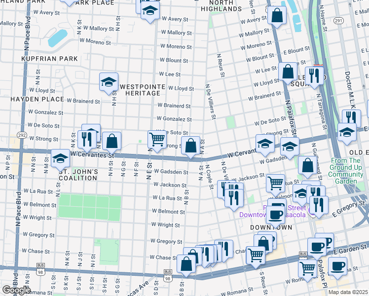 map of restaurants, bars, coffee shops, grocery stores, and more near 803 West Strong Street in Pensacola