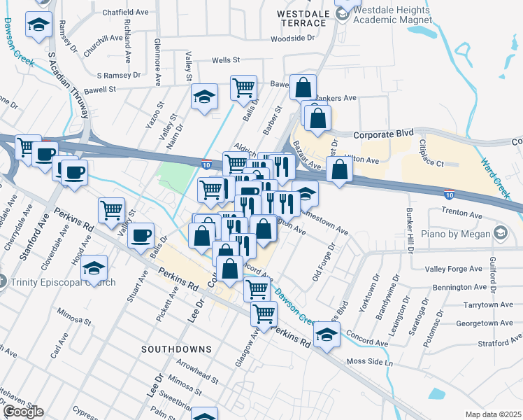 map of restaurants, bars, coffee shops, grocery stores, and more near in Baton Rouge