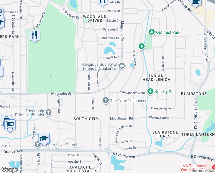 map of restaurants, bars, coffee shops, grocery stores, and more near 2205 East Magnolia Drive in Tallahassee