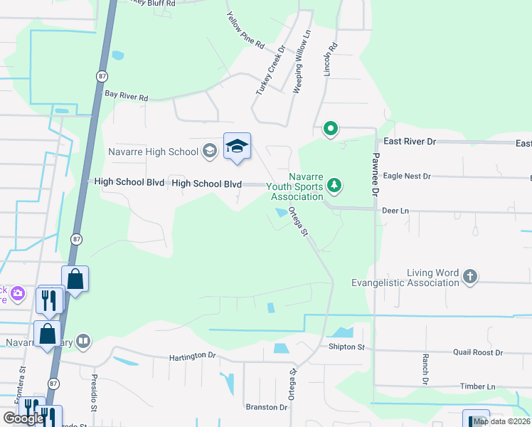 map of restaurants, bars, coffee shops, grocery stores, and more near 8720 Faye Court in Navarre