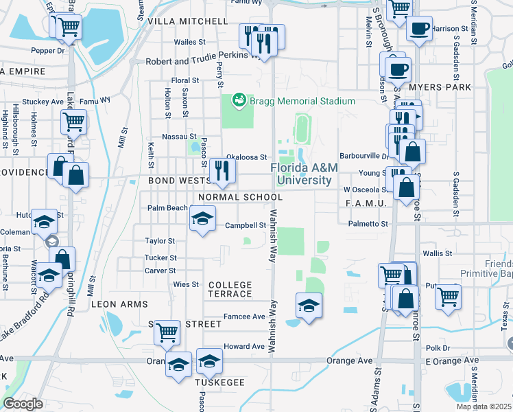map of restaurants, bars, coffee shops, grocery stores, and more near 529 Osceola Street in Tallahassee