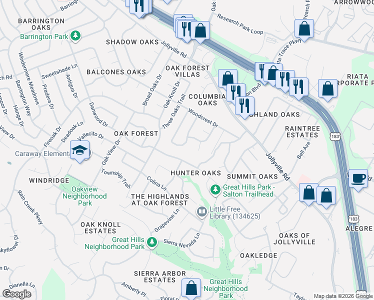 map of restaurants, bars, coffee shops, grocery stores, and more near 11504 Juniper Ridge Drive in Austin