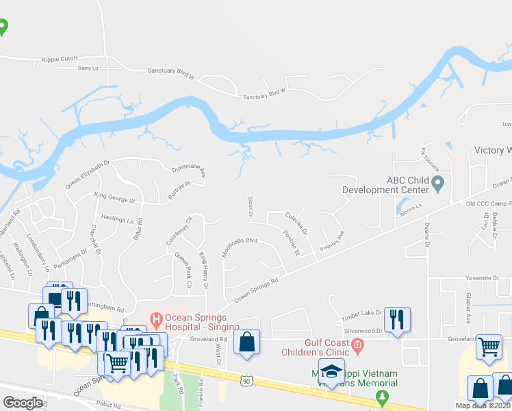 map of restaurants, bars, coffee shops, grocery stores, and more near 5412 Sioux Drive in Ocean Springs