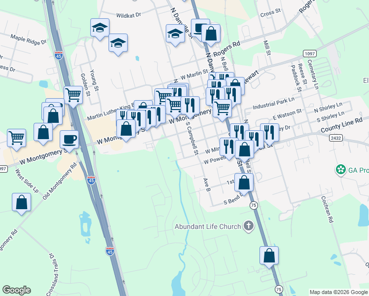 map of restaurants, bars, coffee shops, grocery stores, and more near 401 South Woodson Street in Willis