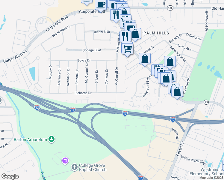 map of restaurants, bars, coffee shops, grocery stores, and more near 322 McCarroll Drive in Baton Rouge