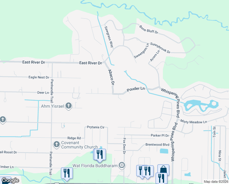 map of restaurants, bars, coffee shops, grocery stores, and more near 2410 Abaco Drive in Navarre