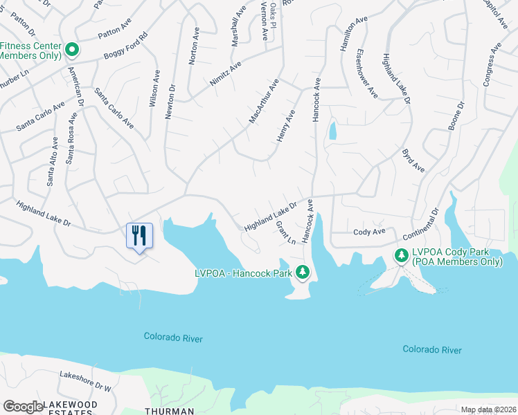 map of restaurants, bars, coffee shops, grocery stores, and more near 2405 Farragret Cove in Lago Vista
