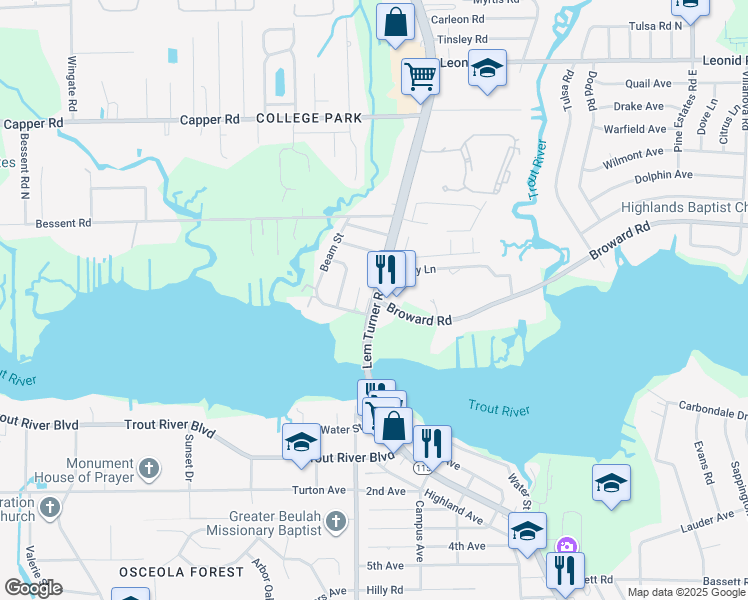map of restaurants, bars, coffee shops, grocery stores, and more near Lem Turner Rd & Broward Rd in Jacksonville