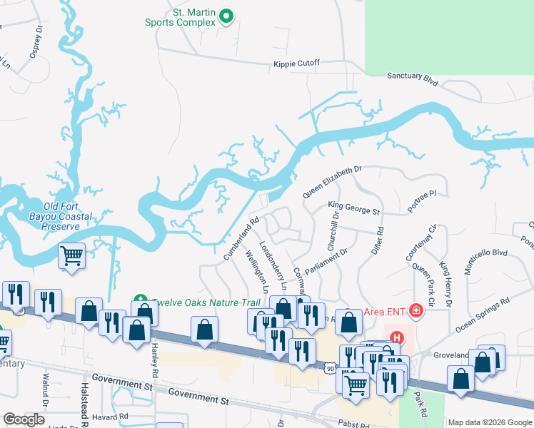 map of restaurants, bars, coffee shops, grocery stores, and more near 65 Cumberland Road in Ocean Springs