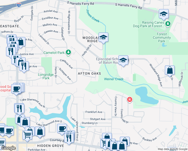 map of restaurants, bars, coffee shops, grocery stores, and more near 12923 Woodshire Place in Baton Rouge