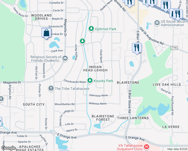 map of restaurants, bars, coffee shops, grocery stores, and more near 2007 East Indianhead Drive in Tallahassee