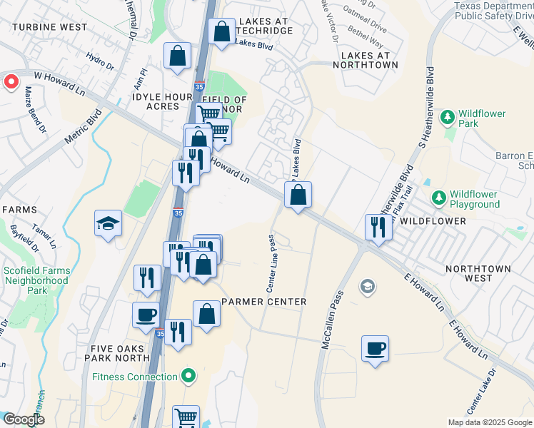map of restaurants, bars, coffee shops, grocery stores, and more near 915 West Howard Lane in Austin