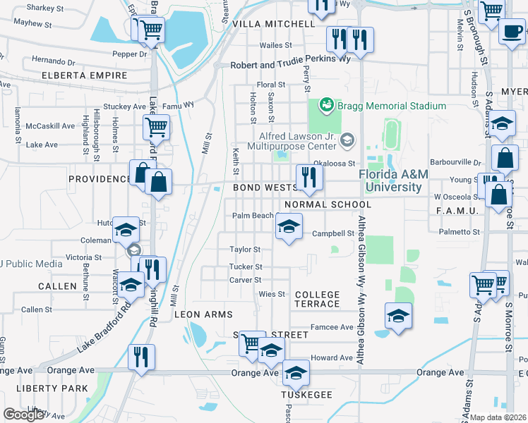 map of restaurants, bars, coffee shops, grocery stores, and more near 2111 Poppy Street in Tallahassee