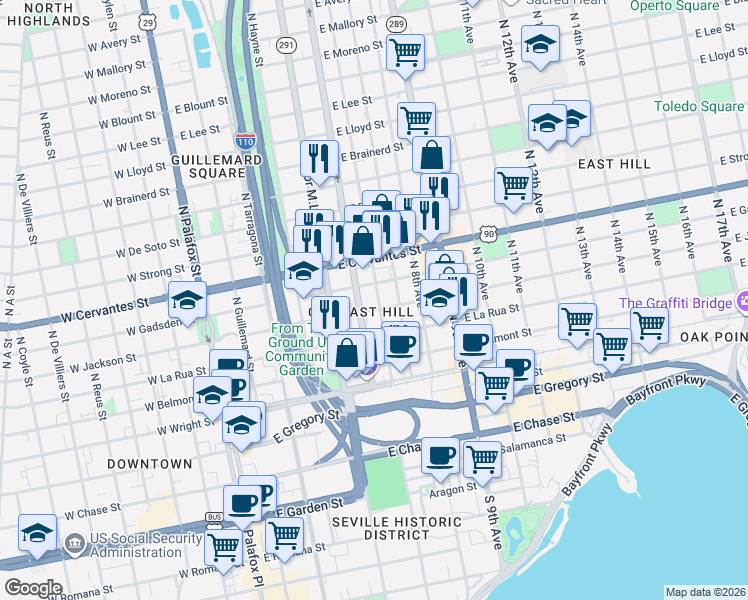 map of restaurants, bars, coffee shops, grocery stores, and more near 511 East Gadsden Street in Pensacola
