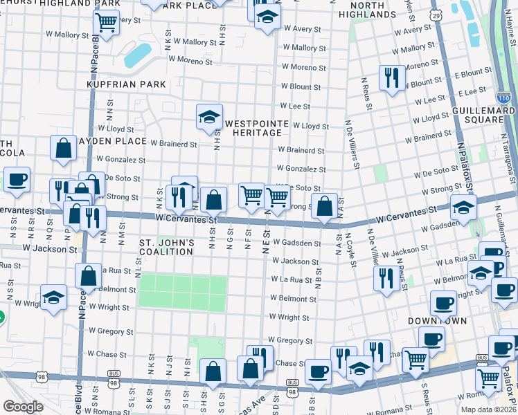 map of restaurants, bars, coffee shops, grocery stores, and more near 900 North F Street in Pensacola