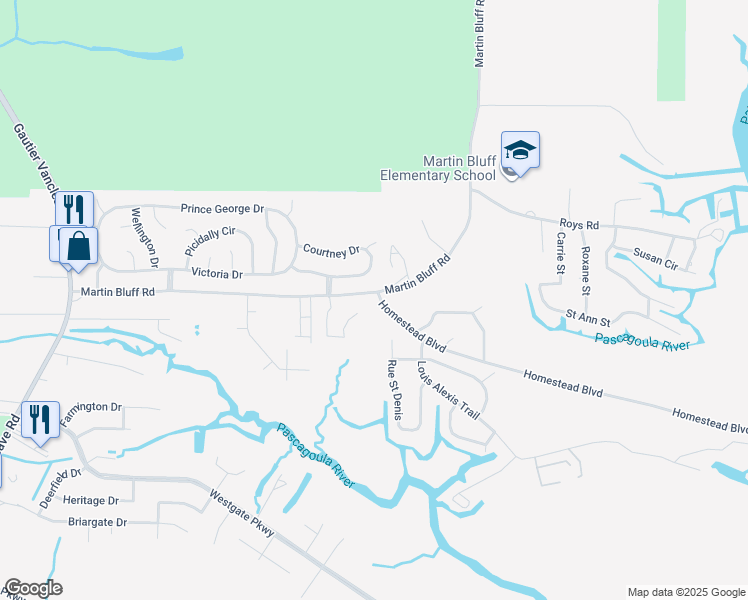 map of restaurants, bars, coffee shops, grocery stores, and more near 1700 Martin Bluff Road in Gautier