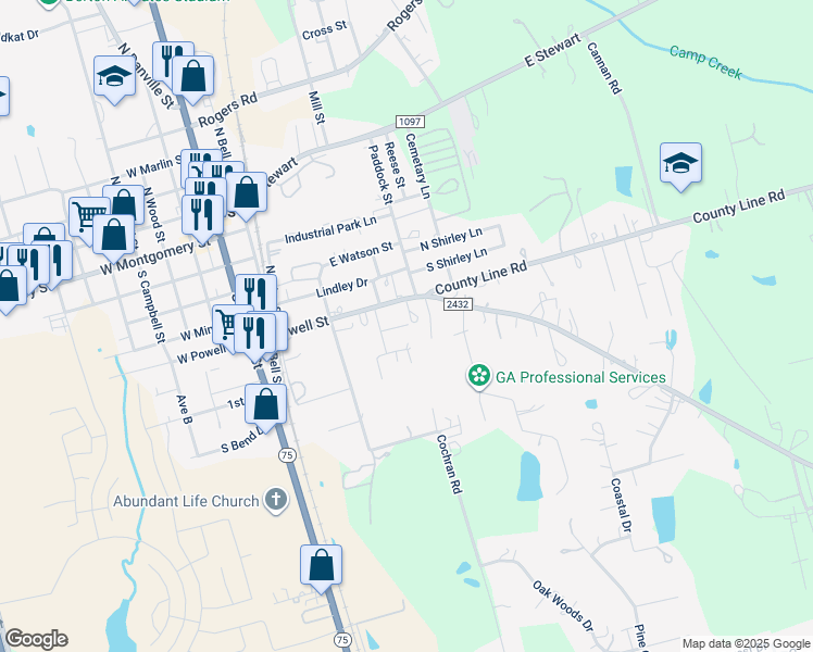 map of restaurants, bars, coffee shops, grocery stores, and more near 416 East Powell Street in Willis
