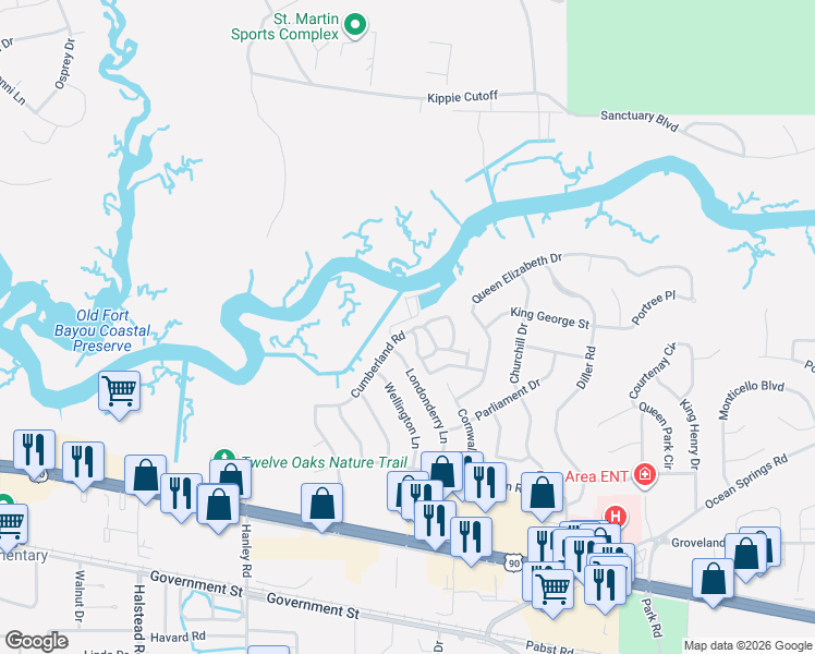 map of restaurants, bars, coffee shops, grocery stores, and more near 76 Cumberland Road in Ocean Springs