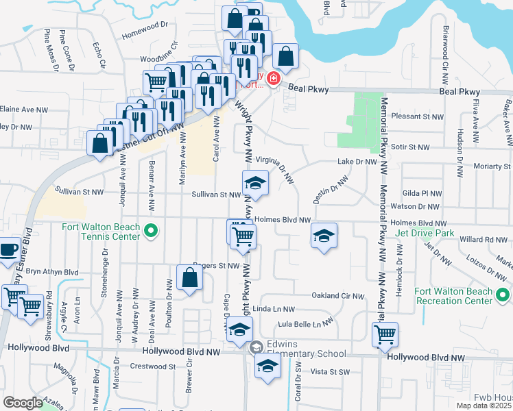 map of restaurants, bars, coffee shops, grocery stores, and more near 349 Holmes Boulevard Northwest in Fort Walton Beach