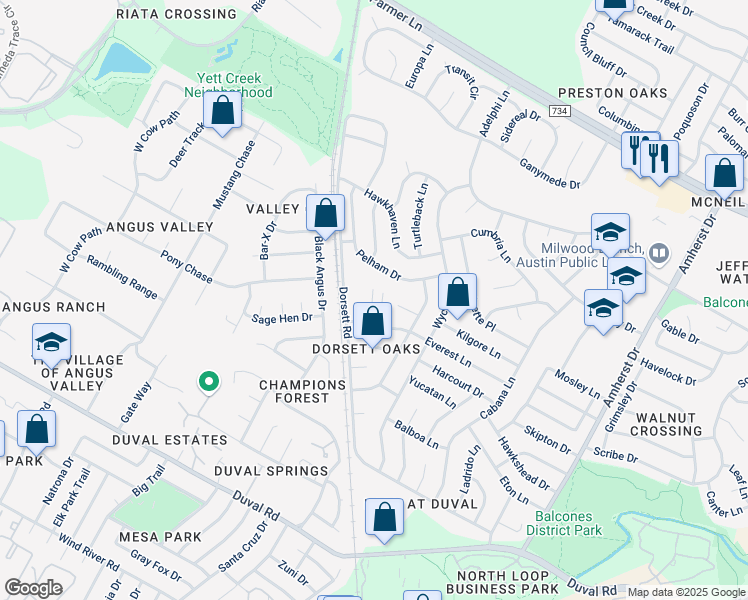 map of restaurants, bars, coffee shops, grocery stores, and more near 12201 Dorsett Road in Austin