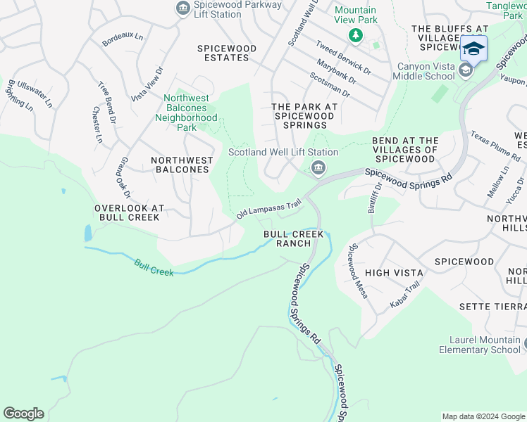 map of restaurants, bars, coffee shops, grocery stores, and more near 9011 Old Lampasas Trail in Austin