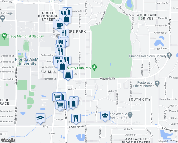 map of restaurants, bars, coffee shops, grocery stores, and more near 2110 Golf Terrace Drive in Tallahassee