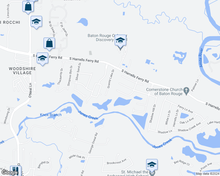 map of restaurants, bars, coffee shops, grocery stores, and more near 3235 Grassy Lake Drive in Baton Rouge
