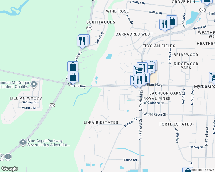 map of restaurants, bars, coffee shops, grocery stores, and more near 8282 Lillian Highway in Pensacola