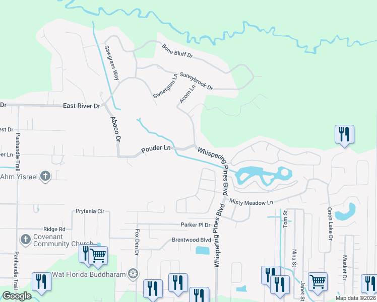 map of restaurants, bars, coffee shops, grocery stores, and more near 9561 Pouder Lane in Navarre