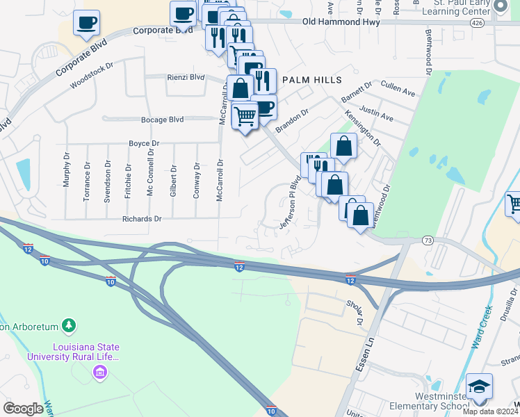 map of restaurants, bars, coffee shops, grocery stores, and more near 7543 North Jefferson Place Circle in Baton Rouge