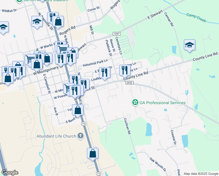 map of restaurants, bars, coffee shops, grocery stores, and more near 402 East Powell Street in Willis