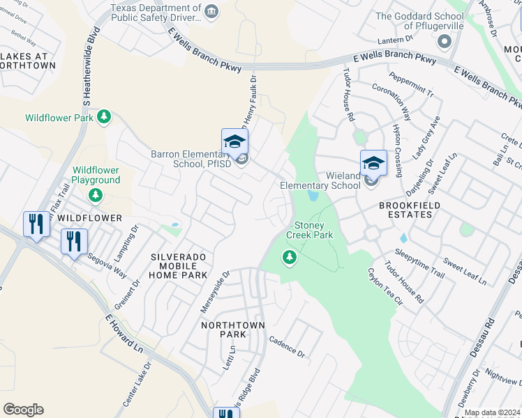 map of restaurants, bars, coffee shops, grocery stores, and more near 14416A Charles Dickens Drive in Pflugerville