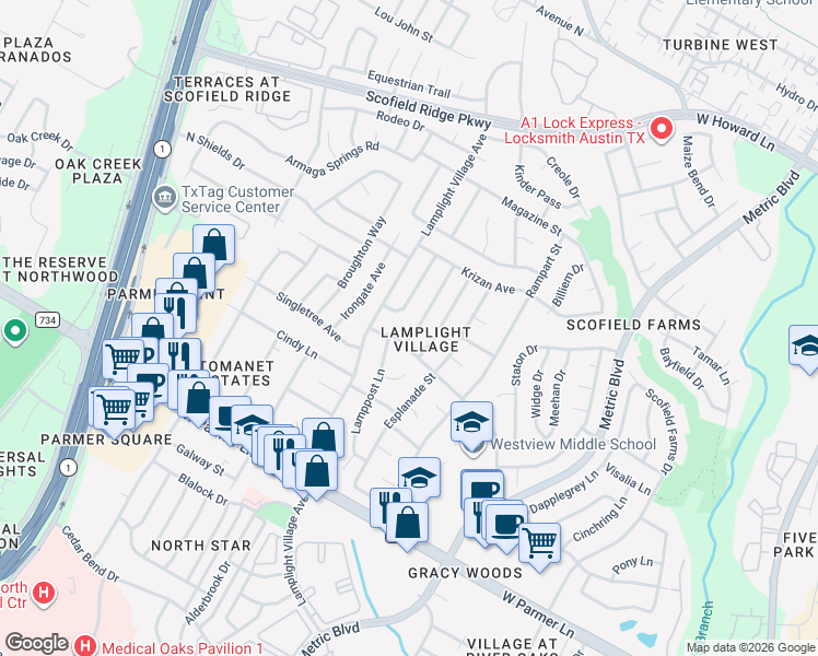 map of restaurants, bars, coffee shops, grocery stores, and more near 12909 Candlestick Place in Austin