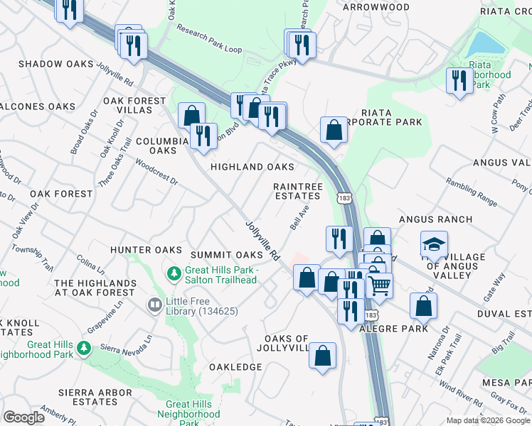 map of restaurants, bars, coffee shops, grocery stores, and more near 5833 Secrest Drive in Austin