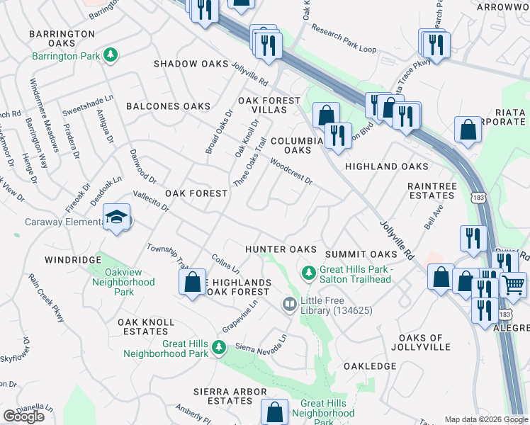 map of restaurants, bars, coffee shops, grocery stores, and more near 11504 Juniper Ridge Drive in Austin
