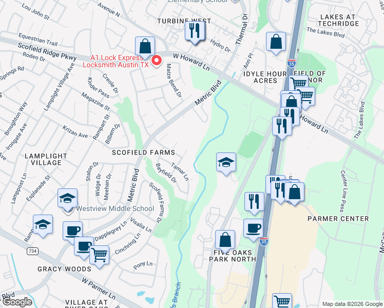 map of restaurants, bars, coffee shops, grocery stores, and more near 13401 Metric Boulevard in Austin