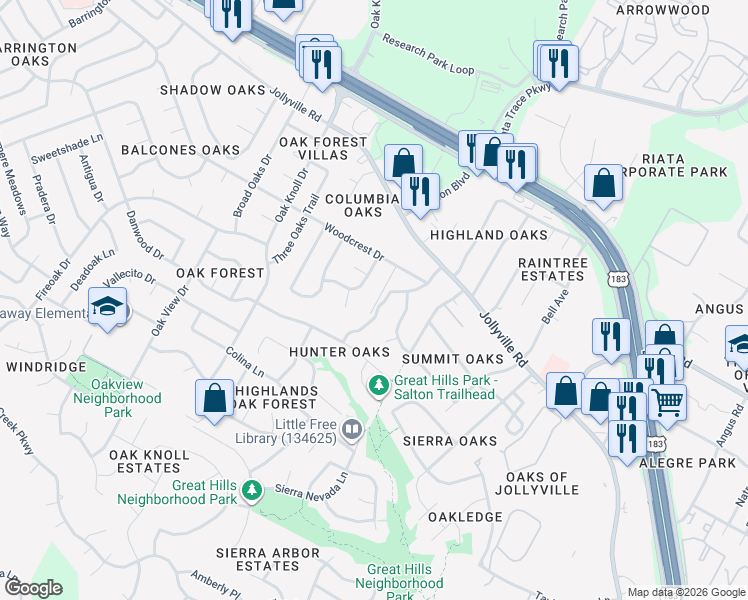 map of restaurants, bars, coffee shops, grocery stores, and more near 11600 Leapwood Place in Austin