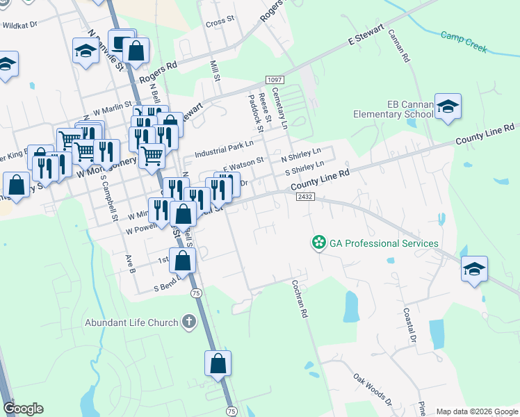 map of restaurants, bars, coffee shops, grocery stores, and more near 402 East Powell Street in Willis