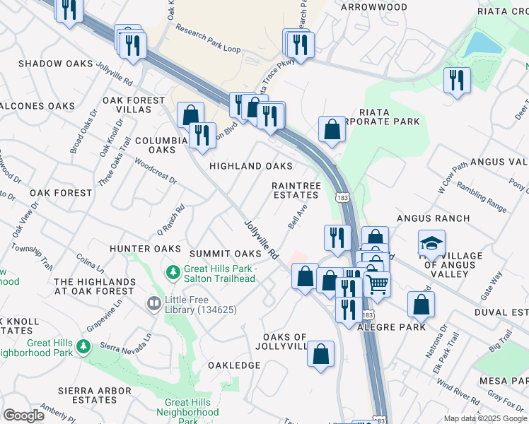 map of restaurants, bars, coffee shops, grocery stores, and more near 5833 Secrest Drive in Austin