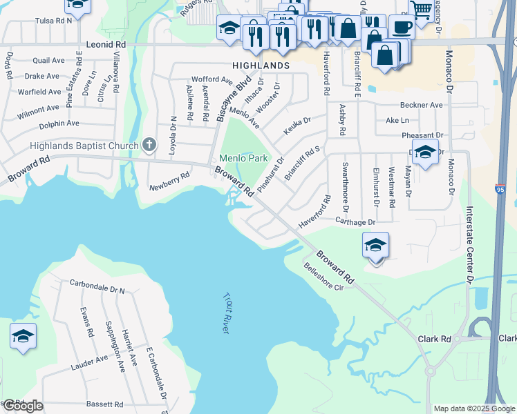 map of restaurants, bars, coffee shops, grocery stores, and more near 10246 Shore View Drive North in Jacksonville