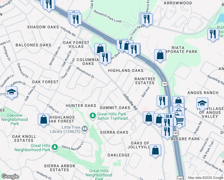 map of restaurants, bars, coffee shops, grocery stores, and more near 11794 Jollyville Road in Austin