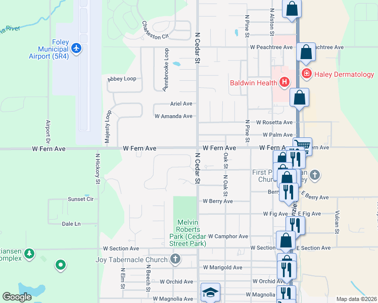 map of restaurants, bars, coffee shops, grocery stores, and more near 602 West Fern Avenue in Foley