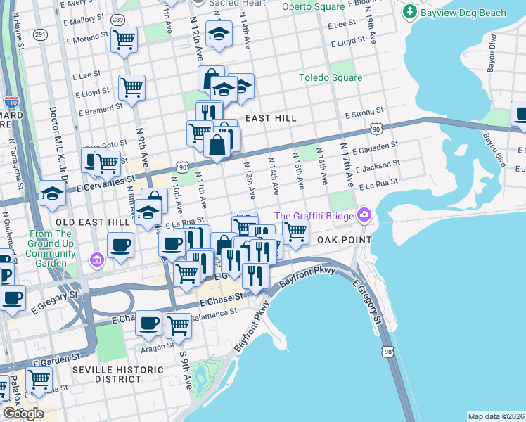 map of restaurants, bars, coffee shops, grocery stores, and more near 1316 East La Rua Street in Pensacola