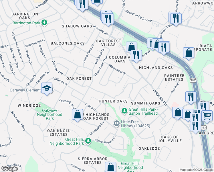 map of restaurants, bars, coffee shops, grocery stores, and more near 11504 Juniper Ridge Drive in Austin